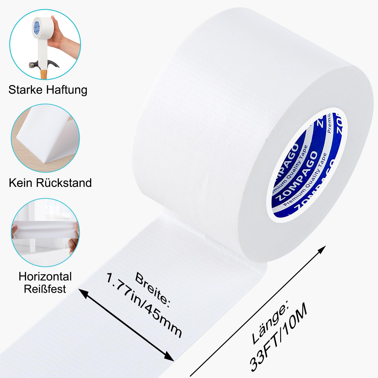 ZOMPAGO Panzertape, 45mm x 10m, Starkes Gewebeband 280μm, Wasserdichtes, Handreißbar Klebeband zum Reparieren, Befestigen, Bündeln, Verstärken oder Abdichten, Weiß 3