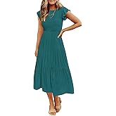 ZESICA Women's 2026 Summer Casual Flutter Short Sleeve Crew Neck Smocked Elastic Waist Tiered Midi Dress