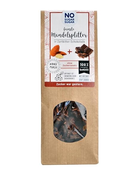 NO SUGAR SUGAR | Mandelsplitter in Zartbitter-Schokolade (100 g) vom Konditor, ohne Zuckerzusatz