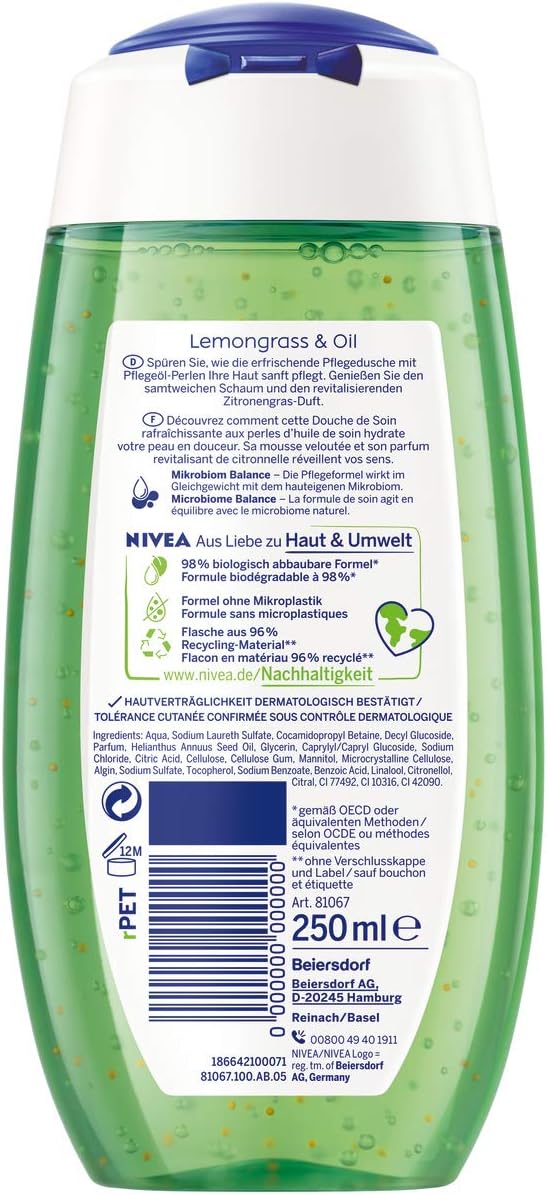 Nivea Lemongrass & Oil shower gel (250 ml), refreshing shower gel with nourishing oil pearls - Image 3