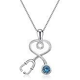 AOBOCO Stethoscope Necklace 925 Sterling Silver Embellished with 12 Months Birthstone Crystals from Austria, Graduation Gifts Medical Jewelry for Doctor Nurse Medical Student RN