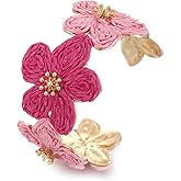 RUOFFETA Raffia Flower Cuff Bracelet for Women, Floral Chunky Bangle Wide Open Cuff Statement Bracelet