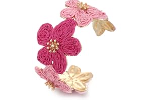RUOFFETA Raffia Flower Cuff Bracelet for Women, Floral Chunky Bangle Wide Open Cuff Statement Bracelet