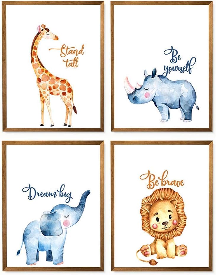 Safari Nursery Print - 8" x 10" - Unframed, Bedroom Bathroom Decor, Giraffe Lion Rhino Elephants Print, Minimalist Watercolor Poster, Jungle Animal Art - Set of 4