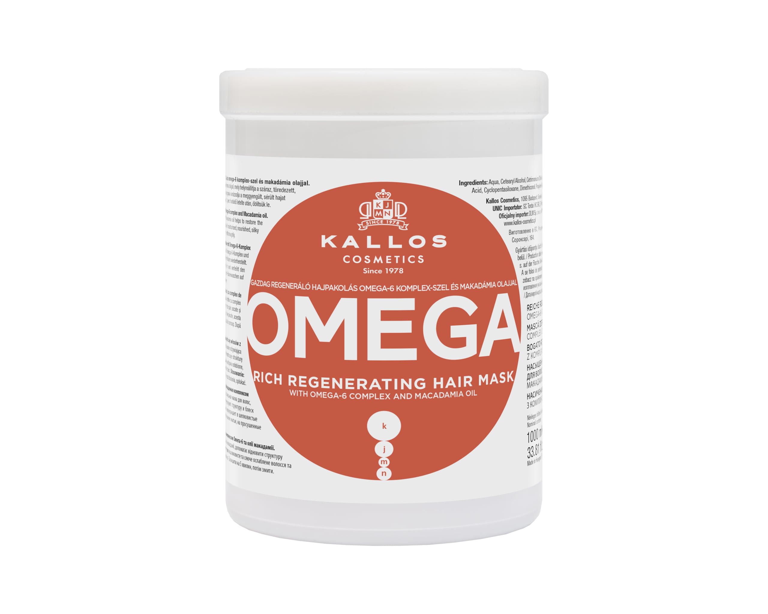 Kallos KJMN Omega Rich Repair Hair Mask for lifeless and damaged hair with omega-6 complex and macadamia oil 1000 ml - 33,81 Fl Oz