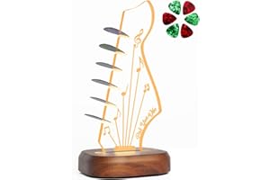 ONMIWOD Light Up Guitar Pick Holder with 6 Guitar Picks, Acacia Wood & Acrylic Guitar Headstock Shaped Pick Holder Case for Guitar Pick Storage & Display, Guitar Music Accessories Gift for Guitar Lover Player