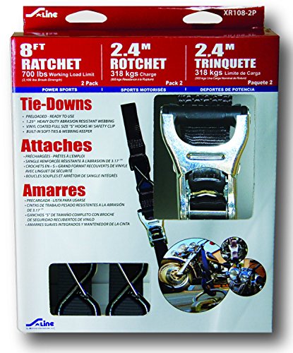 S-Line XR108-2P Heavy Duty Motorsports Ratchet Strap with Soft Ties, Large Coated S-Hooks and Keeper Clip, Ratchet Storage Clamp, 1-1/4-Inch by 8-Feet, 700-Pounds Working Load Limit, 2-Pack