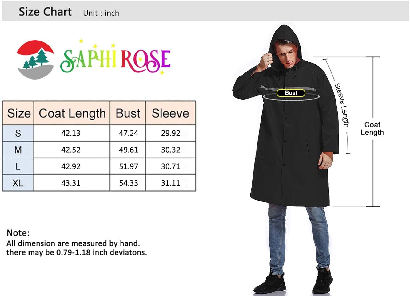Mens Long Hooded Safety Rain Jacket Waterproof Emergency Raincoat Poncho: Clothing