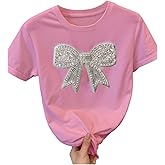RoseSeek Women's Beaded Sequin Tops Bowknot Bow T Shirt Short Sleeve Crewneck Trendy Tee Top Y2k Tops