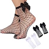 CheeseandU 2Pcs Women Fishnet Socks, Mesh Lace Short Ankle Socks with Bowknot Decor White+Black