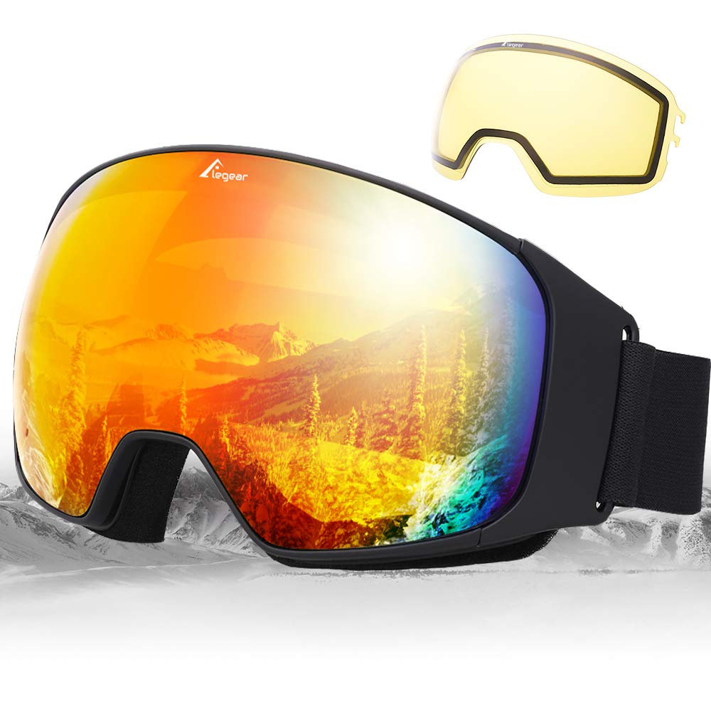 Elegear Ski Goggles, Snowboard Goggles Anti-Glare Anti-Fog Waterproof 100% UV Protection with Double-Layer Spherical Detachable Lenses, Helmet Compatible Snow Goggles for Youth, Men, Women