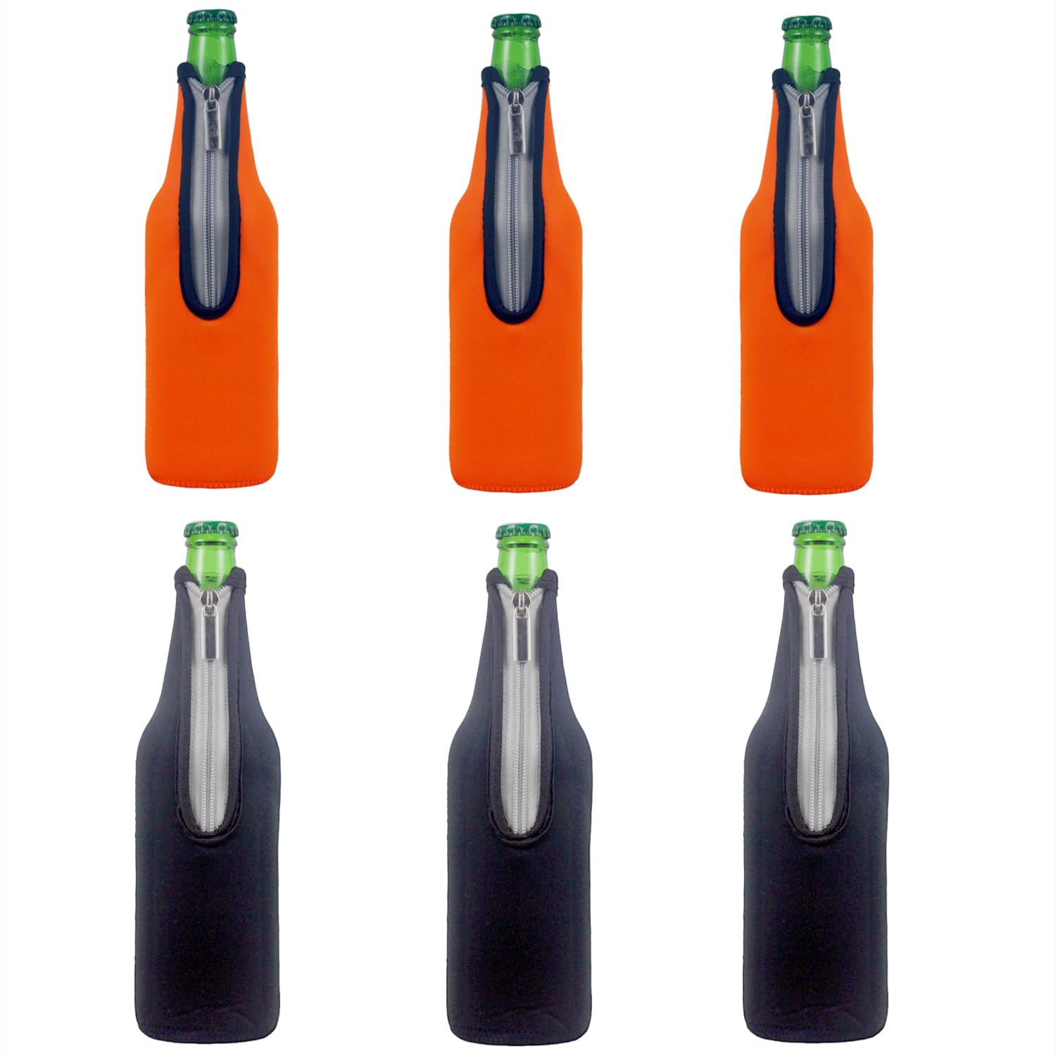 AF-WAN Beer Bottle Sleeve with Zipper Premium Neoprene Insulators Keep Beer Soft Drink Water Cool for Party Bar Home (3 Black+3 Orange)
