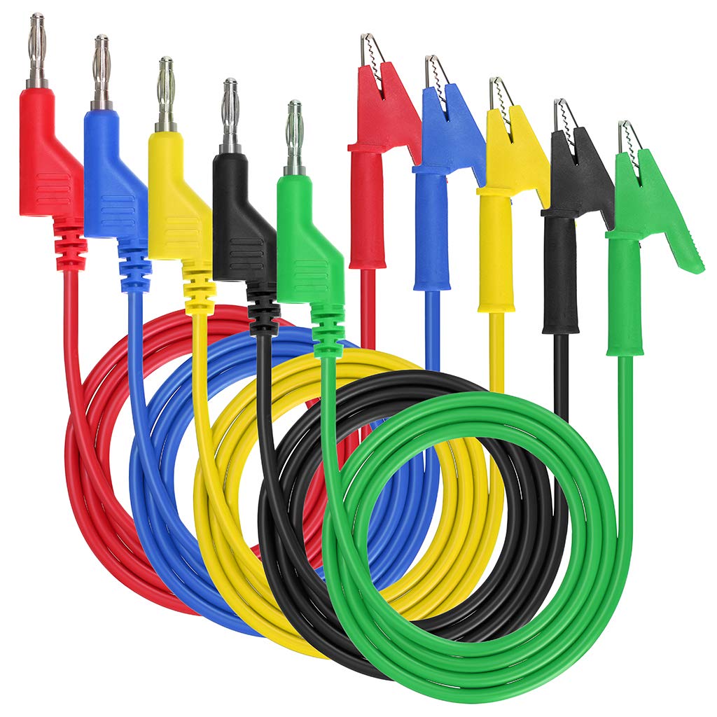 IGNPION 0.15”(4mm) 5PC Banana Plug to Crocodile Alligator Clip Test Probe Multimeter Probe Test Lead, Lead Wire Silicone Cable,39.37”(100cm) (5pcs colors)