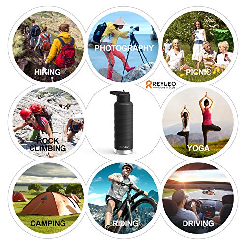 REYLEO Insulated Water Bottle with Straw Lid- 24 Oz Black, 2 Lids, 18/8 Stainless Steel Water Bottle, Keep Cold 24 Hours& Hot 8 Hours, Standard Mouth with Straw Lid