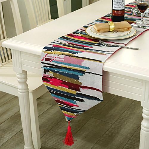 JYQ Modern Colorful Jacquard Weave Cotton and Linen Fabrics Table Runners with Tassels (11.5" x 86", Red)