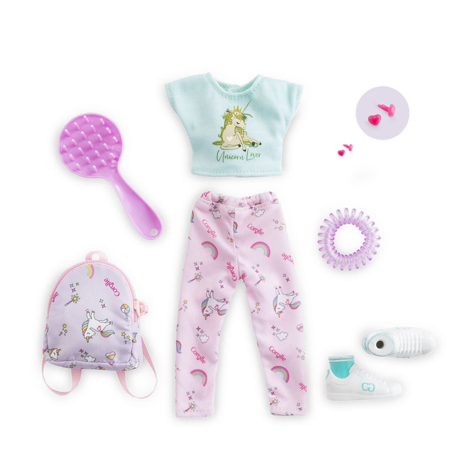 Corolle 9000610030 Girls Fantasy Accessory Set, Outfit with Unicorn Print, with Earrings, Hair Band, Backpack and Brush, 9 Pieces, for All 28 cm Corolle Dolls, from 4 Years