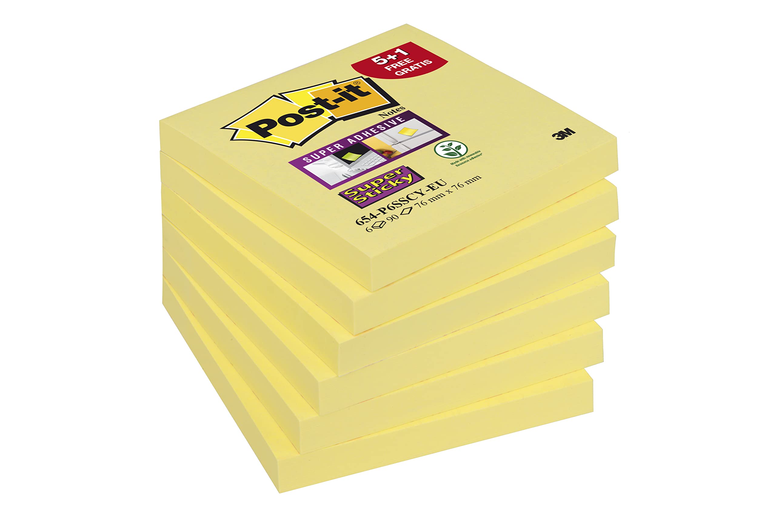 Post-it Super Sticky Notes, Canary Yellow, 5 Plus 1 Free, 6 Pads, Standard, 76 mm x 76 mm