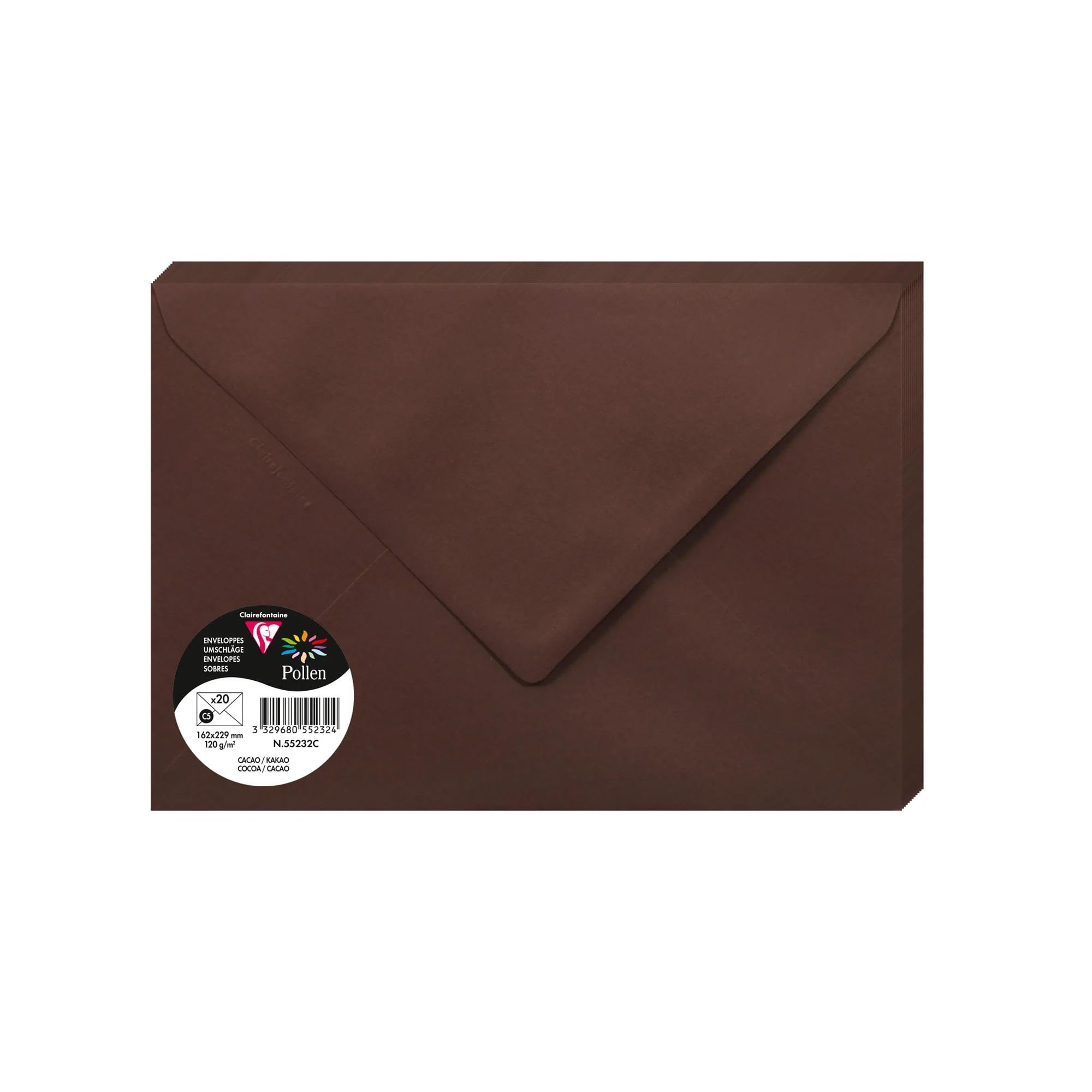 Clairefontaine 55232C Pack of 20 Gummed Envelopes Format C5 16,2x22,9cm 120gsm Cocoa Colour Invitation Events Correspondence Pollen Range Premium Smooth Paper
