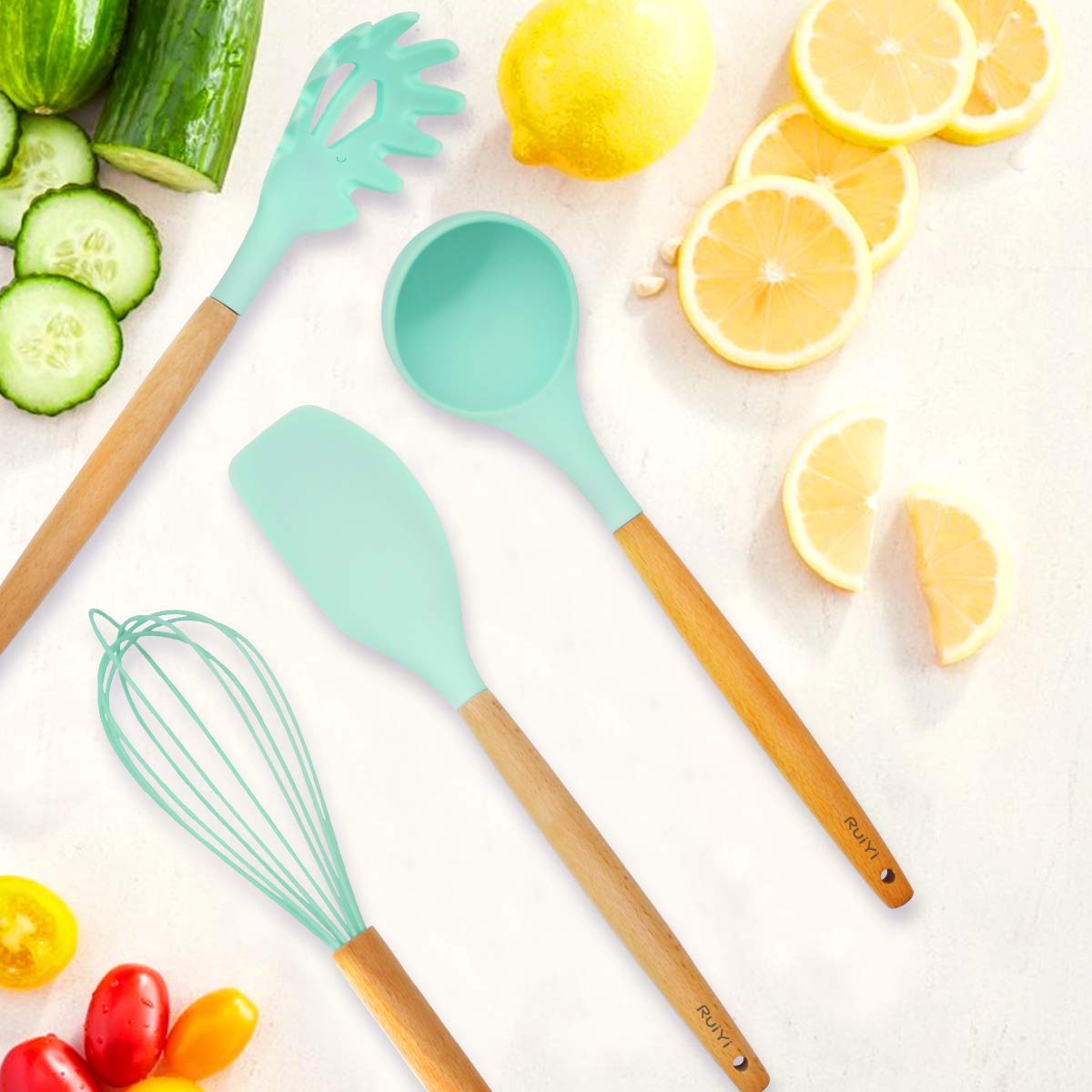 Silicone Cooking Utensils Kitchen Utensil set, 11pcs Pioneer Wooden