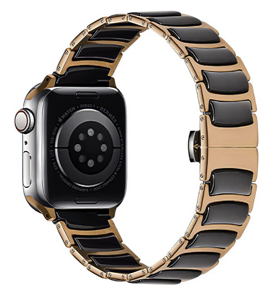 MaKTech Ceramic Band,Thin Stainless Steel Inlaid Ceramic Link Bracelet Strap,for Apple Watch Series 11/10/9/8/7,Ultra 3/2/1,SE 3/2/1 [2025] (46mm/45mm/44mm/49mm,Rose-Gold/Black)