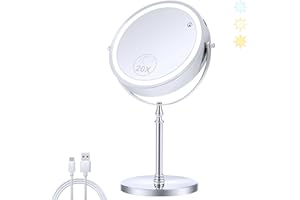 MIYADIVA Lighted Makeup Mirror, 20X Magnifying Mirror with Light, Double Sided Makeup Mirror with 20X/1X Magnification, 360°Rotation, 3 Colors Brightness Adjustable Vanity Mirror with 42 LEDs, 2000mAh