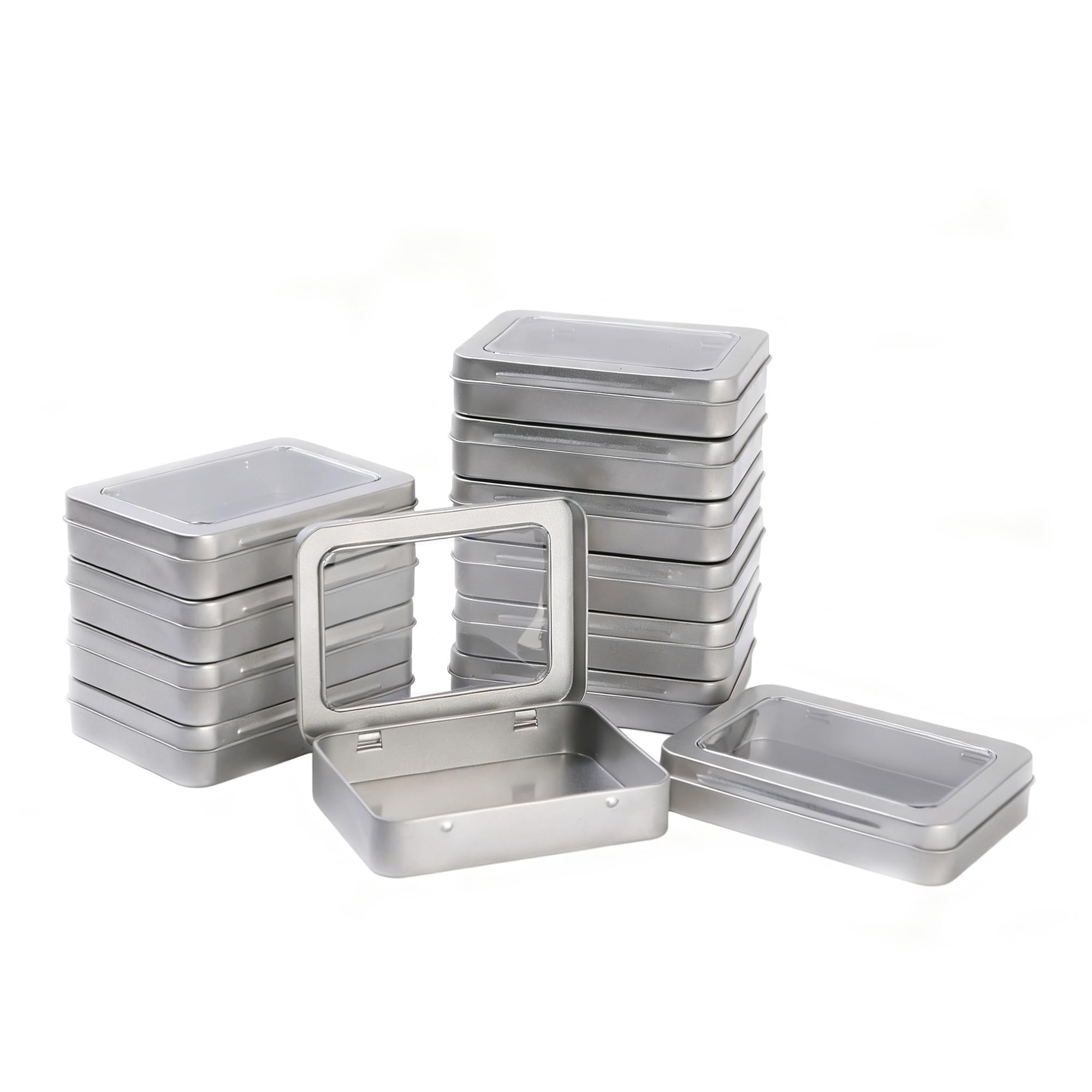 LJY 12 Pack Silver Mini Metal Tin with Hinged Lid and Clear Window 11.5 x 8.5 x 2.2 cm - Rectangular Small Storage Tin Box for DIY Crafts, Beads and Small Item Organiser Containers