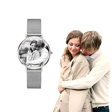 Bokning Unisex Personalisierte mit Foto (Farbfoto, Schwarz Weiß Foto) Edelstahl Uhr und Gravur Quadrat Analog Quarzwerk 36MM/
