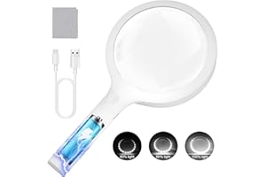 30X Charge Magnifying Glass with Light, NUEYiO 4.33Inch Large Handheld Magnifying Glass 20 Daylight LEDs, Third Gear Dimming Lighted Magnifier for Seniors Reading Inspection Coin Collection Jewelry