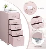 HollyHOME 5 Drawers Mobile Filing Cabinet Metal with Wheels Light Pink view 2