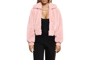 FANCYINN Womens Teddy Cropped Faux Fur Jacket Furry Lapel Coat Zip Up with Pockets Warm Winter