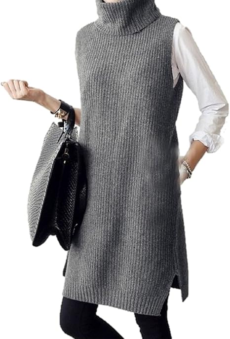 Amazon エヌアンドティー N T レディース ロング ベスト ニット タートル ネック セーター ハイネック ワンピース ノースリーブ 大人 カジュアル オーバー サイズ ゆったり 感 体型 カバー デート 秋 冬 グレー サイズ Free ワンピース チュニック 通販