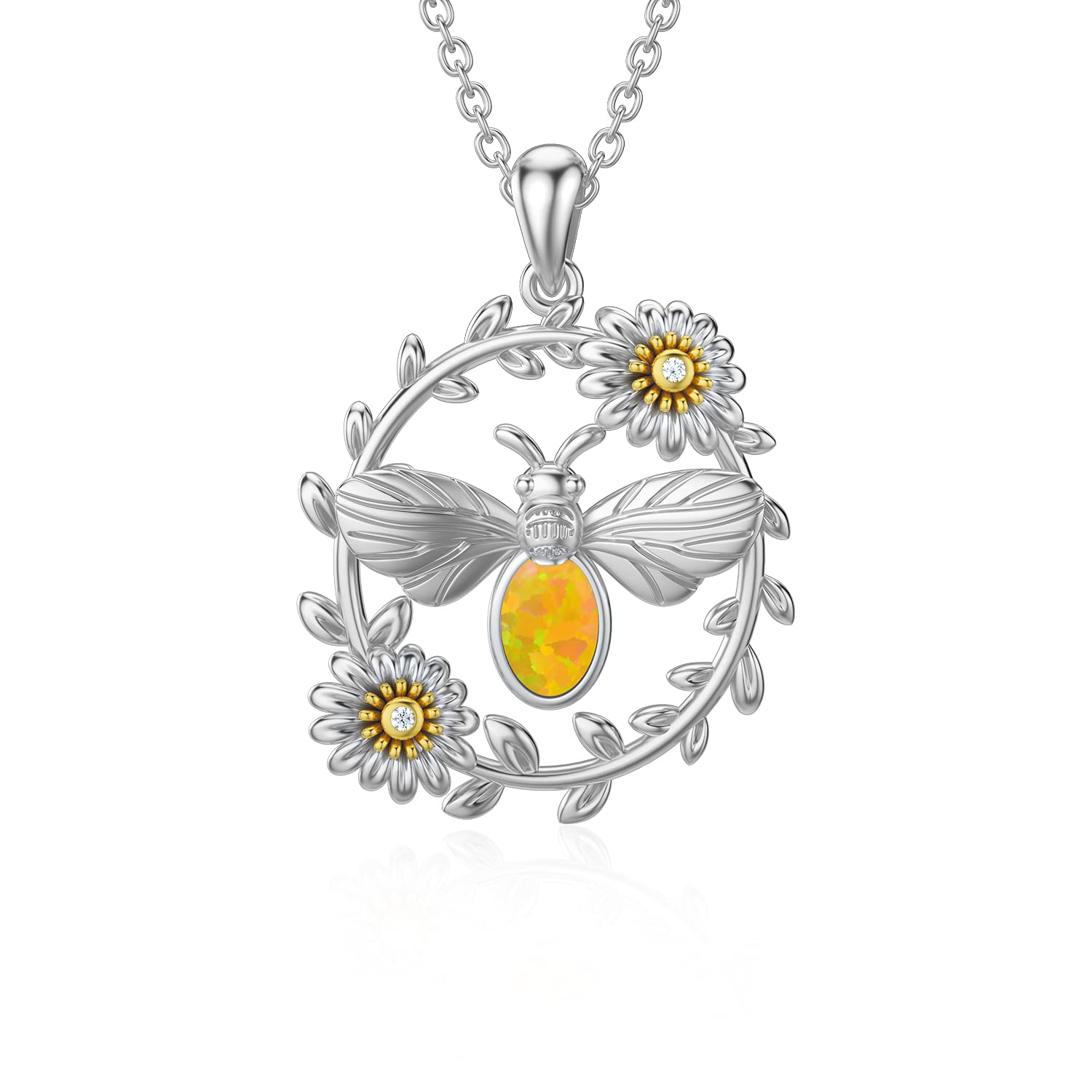 SOULMEET Bee Necklace 925 Sterling Silver Bumble Bee Flower You are My Sunshine Pendant Necklace with Opal Stone