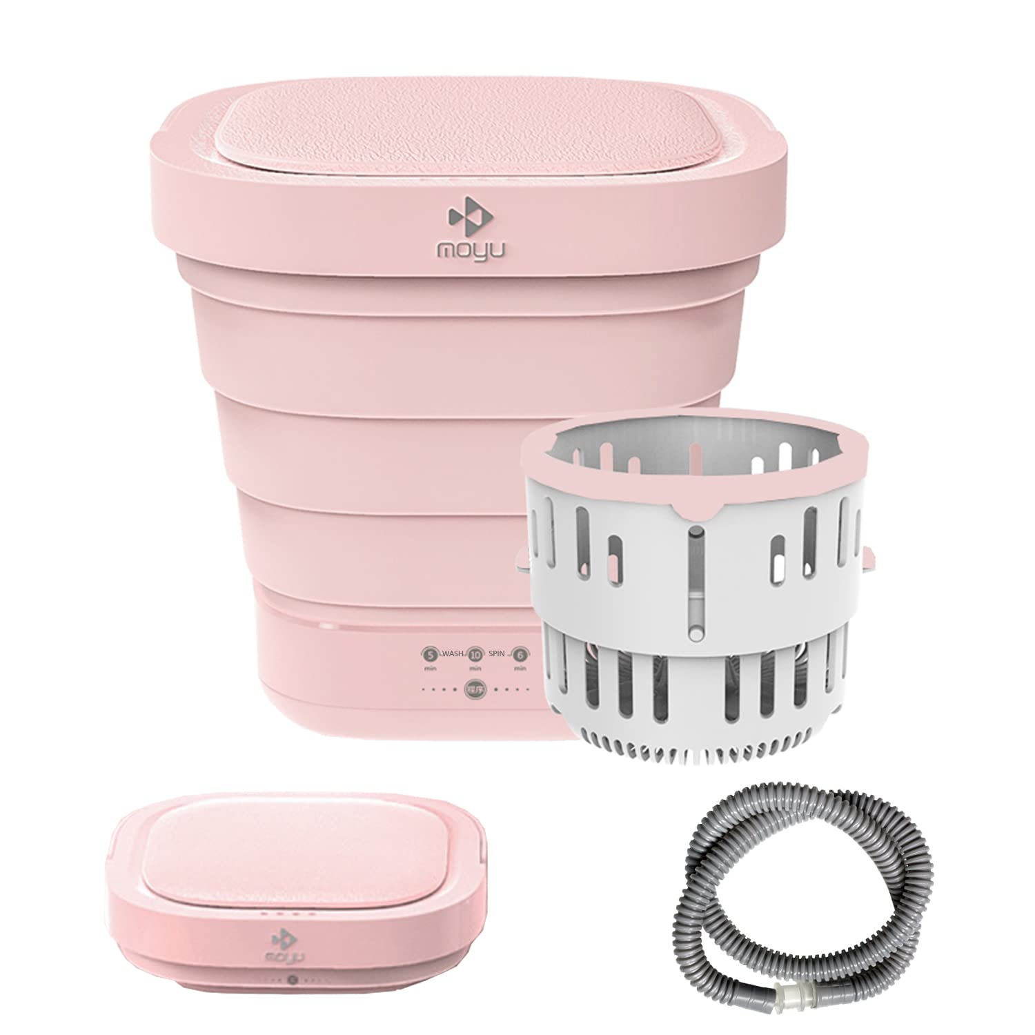 MOYU Mini Portable Bucket Washer Foldable Washing Machine with Soft Spin Dry and Drainage Pipe Pink (English User manual and button labels)
