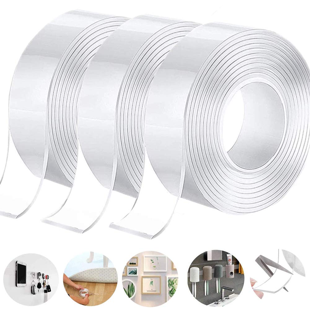 Nano Adhesive Tape Reusable Double Sided Adhesive Tape Gel Tape Glue Multipurpose No-Trace Removable Adhesive Tape Transparent Nano for Wall, Kitchen, Carpet, Photos Fixing,1M (3 pcs)