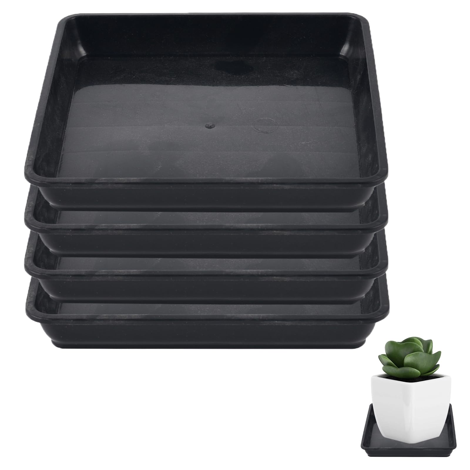 4Pack Plant Saucer Plastic, 30mm Square Plant Pot Saucer Trays, Home Garden Ornaments Square Plastic Plant Pot Saucers, Extra Large Drip Trays Flower Indoor Outdoor Garden Planter Tray (Black)