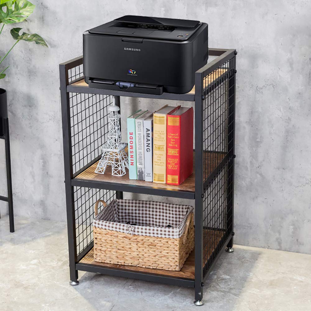 HANS CAO Industrial 3-Shelf Printer Stand, Rustic Printer Cart with Wheels, Large Printer Desk Cart with Storage Shelves, Office Organizer for Home, Living Room, 19.3'' x 19.3'' x 34.8''