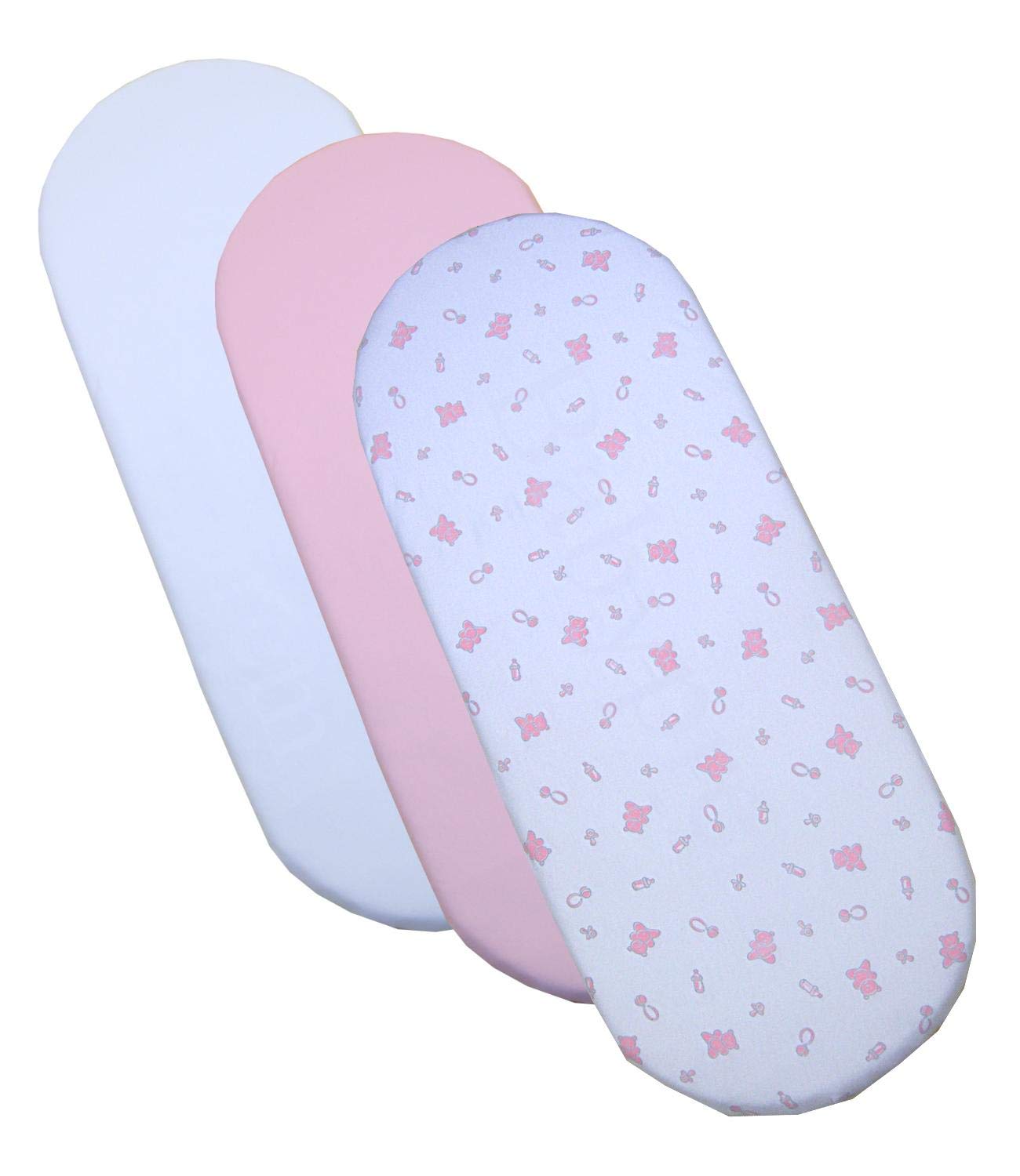 BabyPrem 3 Fitted Cotton Girls Moses Basket Sheets 73-76 x 28-30cm PINK TEDDY