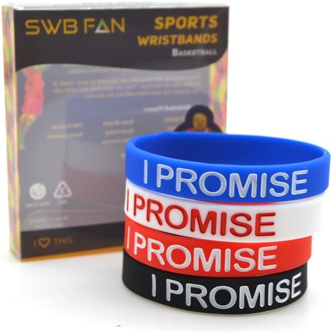 SWBFAN Bracelets I PROMISE In 3D Letters – Basketball Star Wristband - Great Gift For Sports Fans, 4 Different Colors, Durable & Eco Friendly (Adult/Youth 7.5X0.47X0.07 Inches, "I PROMISE" SET)