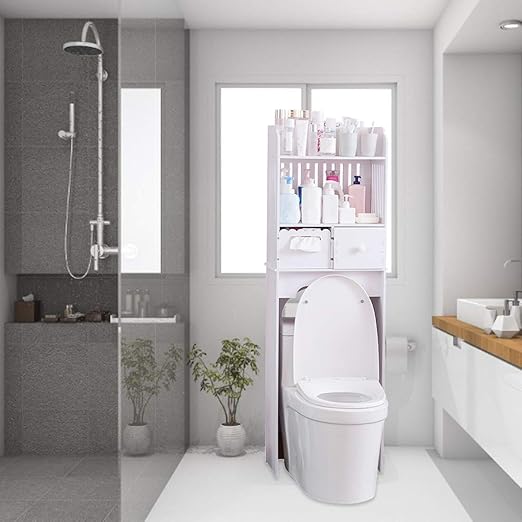 Amazon Com Gototop Bathroom Cabinet Organizer Over Toilet Wooden Bathroom Spacesaver With Drawer And Tower Paper And Storage Shelves Freestanding Cabinet Organizer For Home Use White Home Kitchen