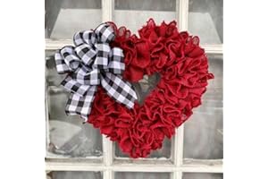 Valentines Day Decorations Wreaths for Front Door, 14inch Red Artificial Heart Shaped Wreath with Buffalo Plaid Bows for Indo