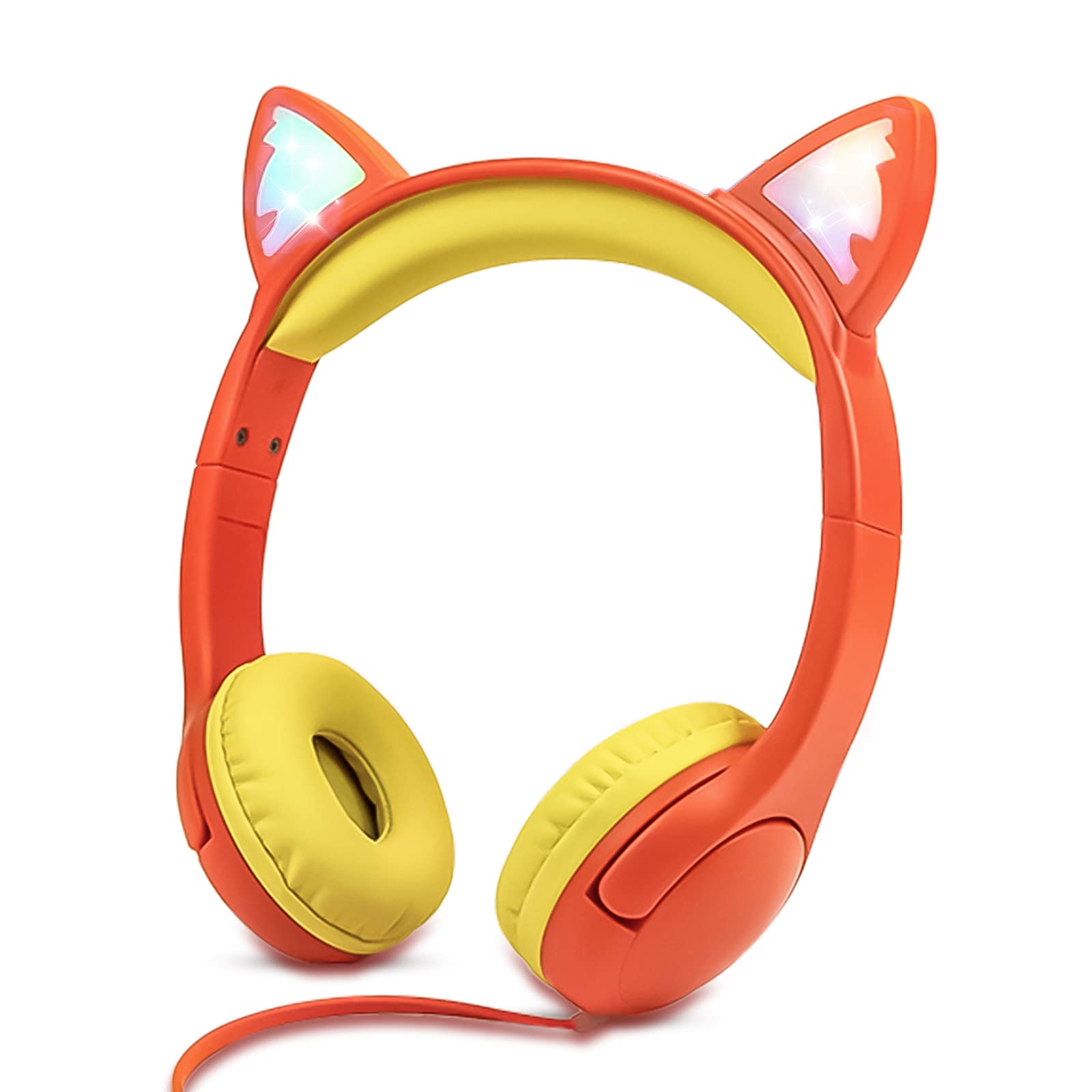 Olyre Kids Headphones, Safe 85db Volume Control Light Up Cat Ear Headphones with Sharing Port for Classroom/Travel/Homeschool, Sparkling Birthday Gifts for Girls & Boys - Orange