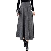 chouyatou Women's Elegant Houndstooth Plaid A Line Pleated Swing Midi Long Wool Skirt with Pockets