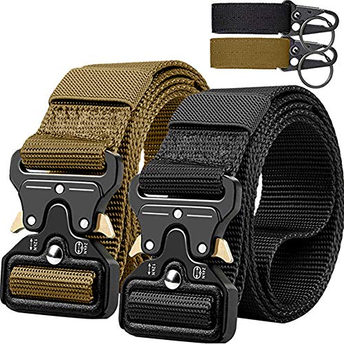 QINGYUN Tactical Belt,Military Style Webbing Riggers Web Gun Belt with Heavy-Duty Quick-Release Metal Buckle with 2 Keychains (Black)