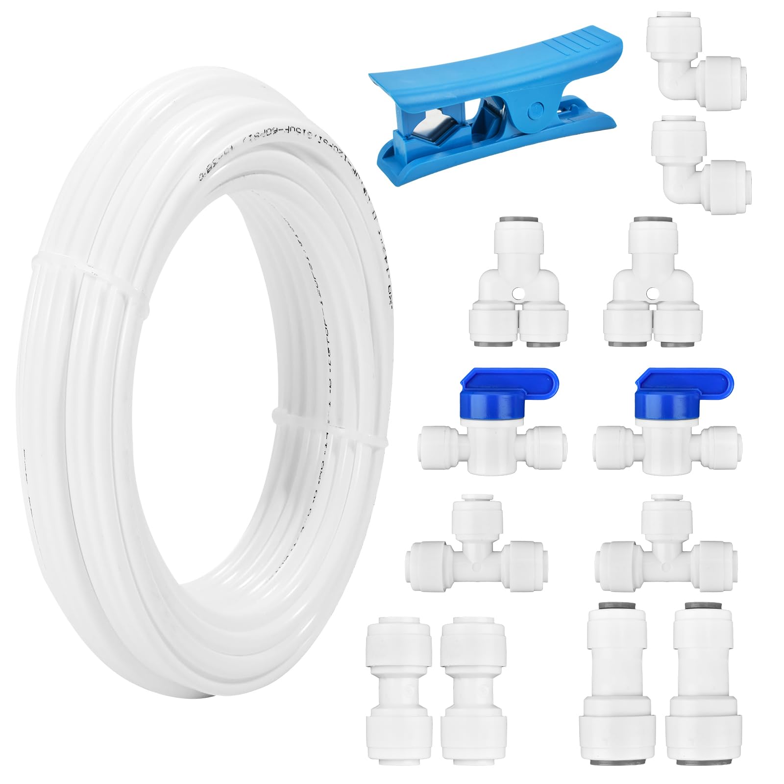 Photo 1 of 1/4" OD Quick Connect Fittings Set with 1/4" to 3/8" Tube OD Push Fit Quick Connect + 1/4" Ball Valve + 1/4" T/I/L/Y Fitting + 32.8 ft Tubing + Tube Cutter for RO Water Systems Purifiers Filters
