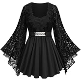 ROSE GAL Womens Plus Size Lace Applique Trim Ruched Buckle Flocking Floral Long Flare Sleeve 2 in 1 Flowy Top