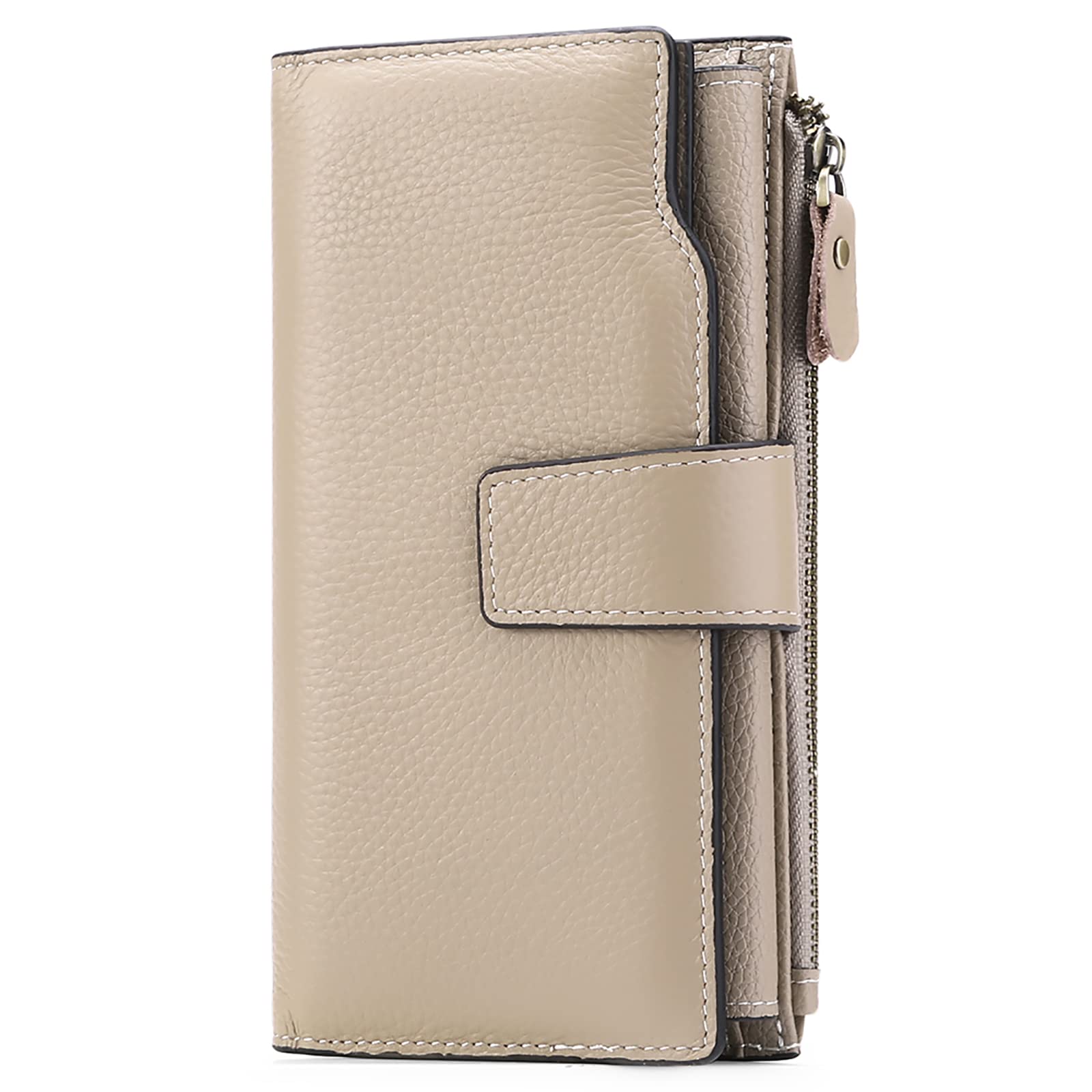 Sendefn Women's Leather Large Purse RFID Protection Women's Large Purse Many Compartments Long Wallet with 21 Card Slots and Mobile Phone Compartment, khaki, Large