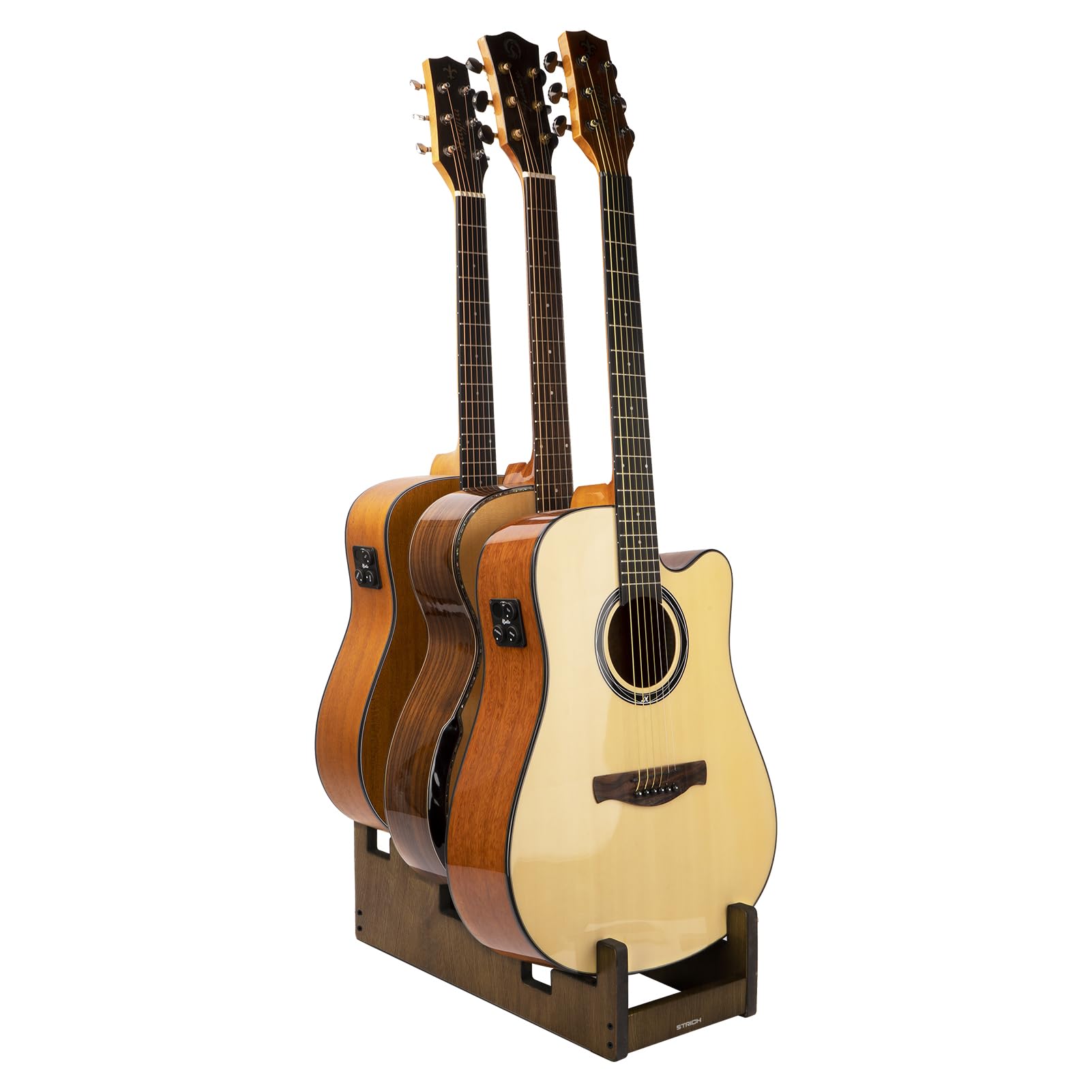 STRICH Wooden Guitar Stand for Multiple Guitars, 3-Holder, Front Display Space-Saving Floor Guitar Rack for Home, Studio, Stage, Walnut Color, L-3AW (For 3 Acoustic)