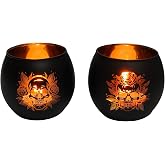 Glass Skull Head Candle Holder - 2 Pcs Black Halloween Tea Light | Halloween Skull Holder: Gothic matte black glass cups with detailed skull head engravings for spooky theme decor
