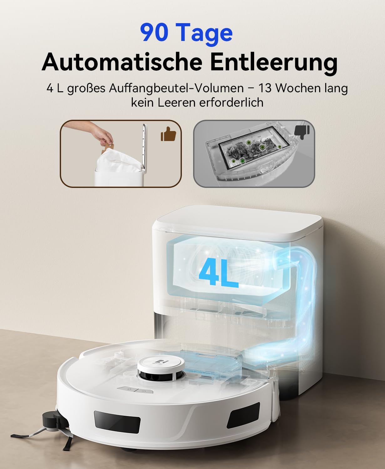 Redkey R11 Saugroboter mit Wischfunktion, 20.000Pa Saugkraft, Staubsauger Roboter mit 4L Absaugstation, Anti-Haar-Verwicklung, LiDAR Navigation, APP Steuerung, Ideal für Teppich und Tierhaare 4