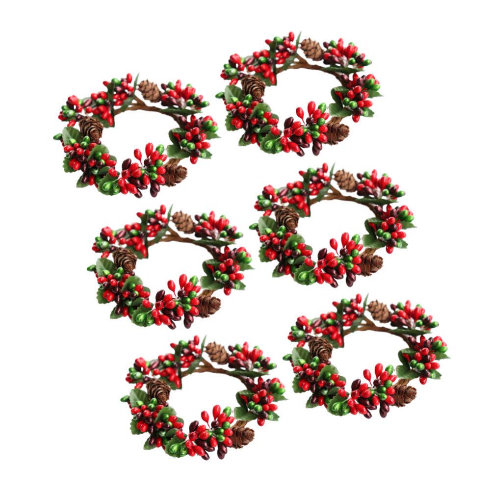 PRETYZOOM 6pcs 7cm Round Christmas Wreath with Pine Cone & Berry, Door/Wall Mount, Green